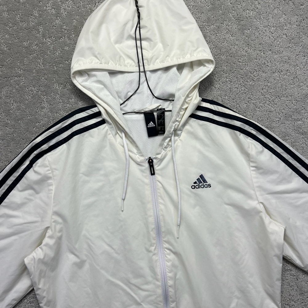 Adidas Jacket Mens S White Black Striped Full Zip Hooded Lightweight Windbreaker - Picture 3 of 16